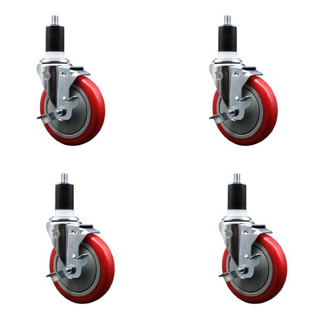 Service Caster 5'' Red Poly Swivel 1-1/2'' Expanding Stem Caster Set with Brake, 4PK SCC-EX20S514-PPUB-RED-TLB-112-4